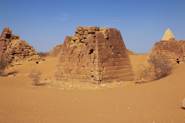 Ancient pyramids of meroe in sahara desert, sudan