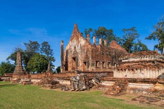 Ancient ruin Buddhist temple and ordinance chapel made of brick Wat Pho Prathap Chang built Phra Chao Suea Tiger King or Suriyenthrathibodi since Ayutthaya period in Phichit Thailand