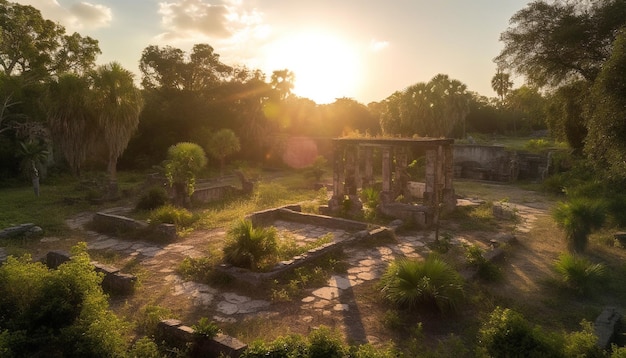 Free photo ancient ruins in forest beauty at dusk generated by ai