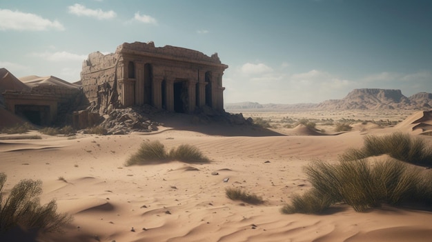 Ancient ruins partially buried in the shifting sands of a remote desert