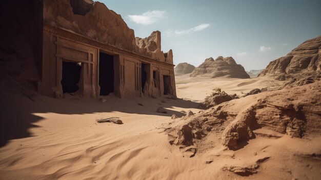 Ancient ruins partially buried in the shifting sands of a remote desert
