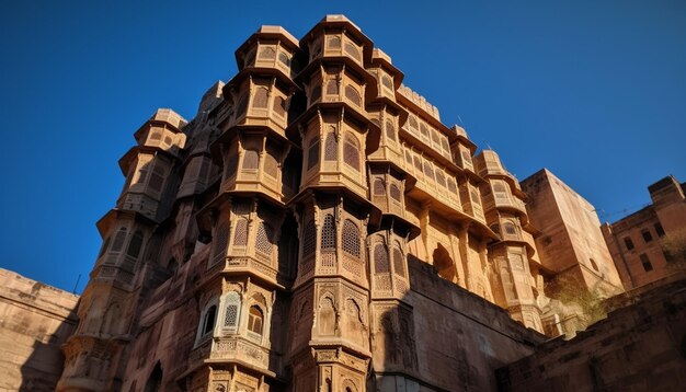 Ancient sandstone monument ornate facade Hindu spirituality generated by AI