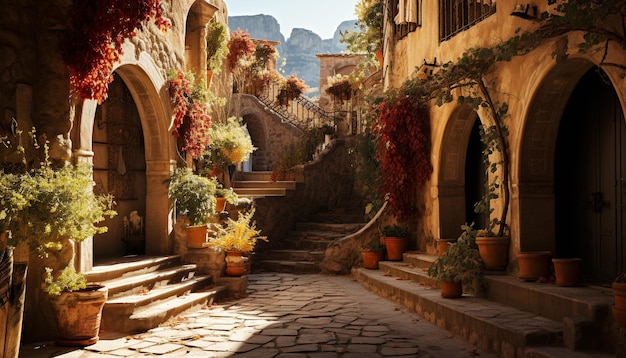 無料写真 人工知能によって生成された有名な中世イタリアの中庭につながる古代の階段
