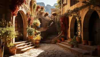 Бесплатное фото Древняя лестница ведет в знаменитый средневековый итальянский двор, созданный искусственным интеллектом.