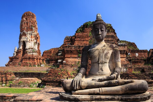 Ancient statue of buddha in wat mahathat temple Ayutthaya Thailand