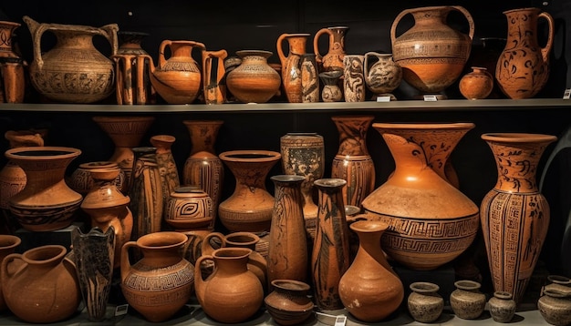 Ancient terracotta crockery collection in a store generated by AI