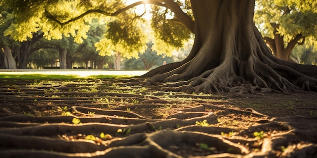 Foto gratuita antiche radici di alberi si estendono sulla terra, una testimonianza del tempo in un parco soleggiato.