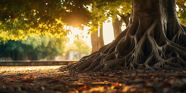 Free photo ancient tree roots sprawl across the earth a testament to time in a sundappled park