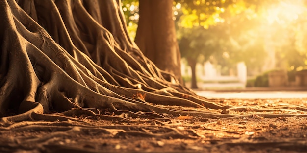 無料写真 古代の木の根が地球に広がっています 太陽に照らされた公園の時間の証です