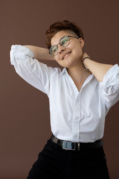 Androgynous teen in stylish clothes