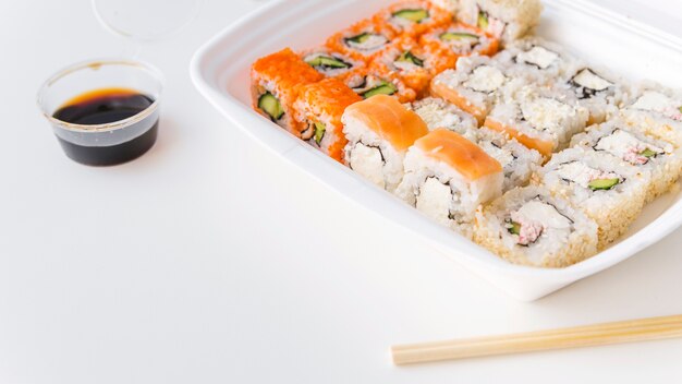 Angle view of sushi in poke bowl with copy-space