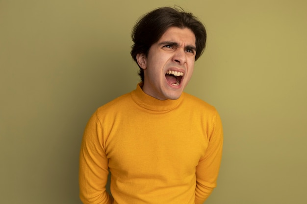 無料写真 オリーブグリーンの壁に分離された黄色のタートルネックのセーターを着ている若いハンサムな男を見て怒っています