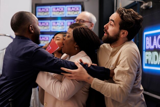 Angry mad shoppers fight over bargains, crowd of crazy frenzy diverse people pushing security guard and shoving through during Black Friday sales, trying to be first in store and get best deals