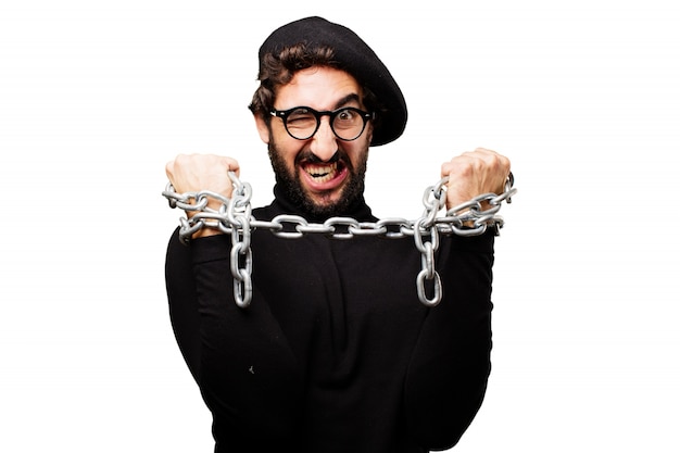 Angry man with chained hands