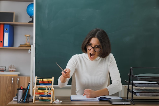 眼鏡をかけている怒っている若い女性教師は、教室で学校のツールをオンにして机に座っているポインターとカメラを指しています