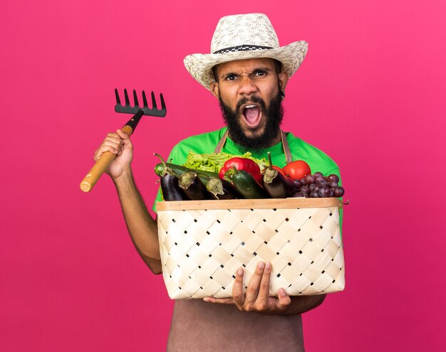Angry young gardener afro-american guy wearing gardening hat holding vegetable basket with rake