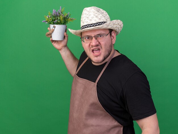 Angry young male gardener wearing gardening hat holding flower in flowerpot isolated on green wall with copy space