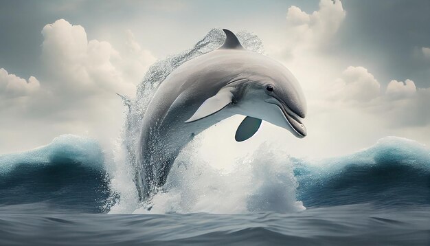 Animal illustration playful dolphin jumping in blue water generative AI