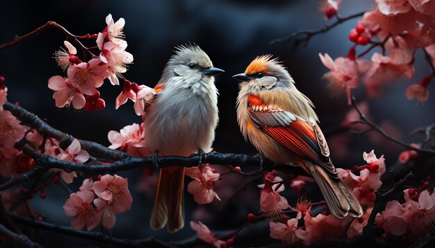 人工知能によって生成された春の桜に囲まれた枝に座っている動物