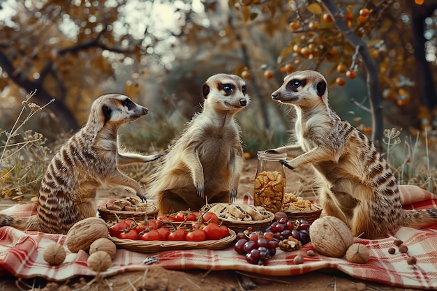 Foto gratuita animali che si godono un picnic all'aperto