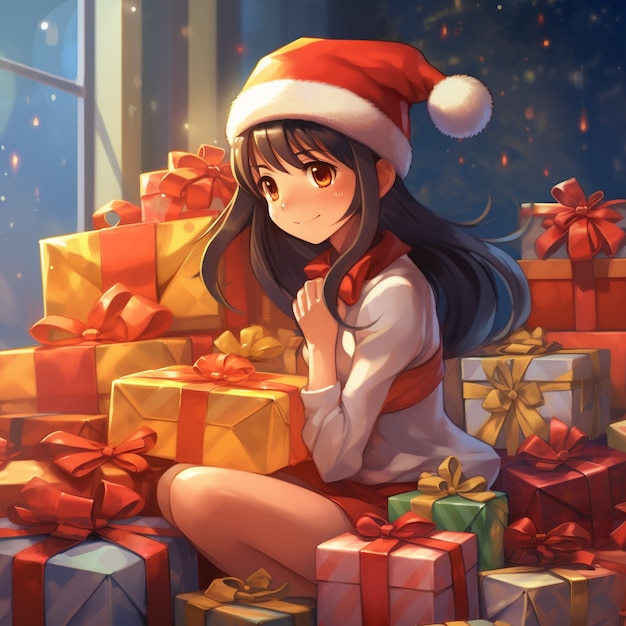 Anime character celebrating christmas