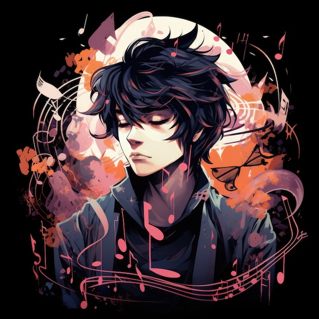 アニメのキャラクターが音楽を聴いている