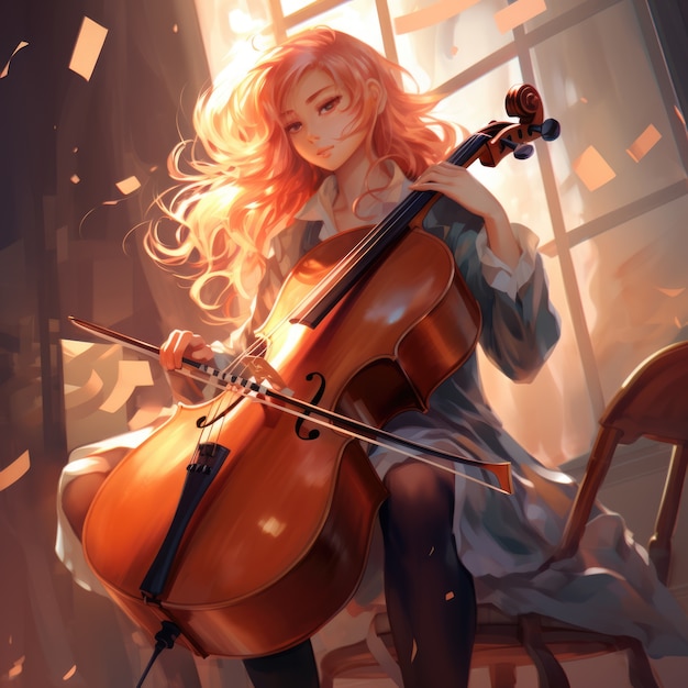 Free photo anime character playing cello