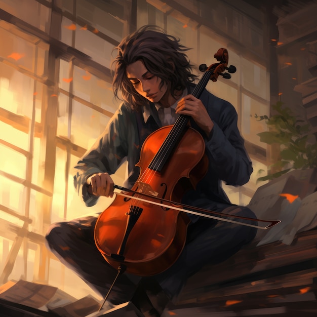 Бесплатное фото Аниме-персонаж играет на виолончели