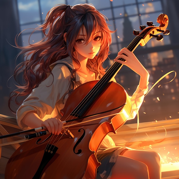 Foto gratuita personaggio di anime che suona il violoncello