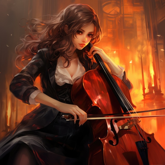 Free photo anime character playing cello