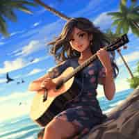 Free photo anime character playing guitar