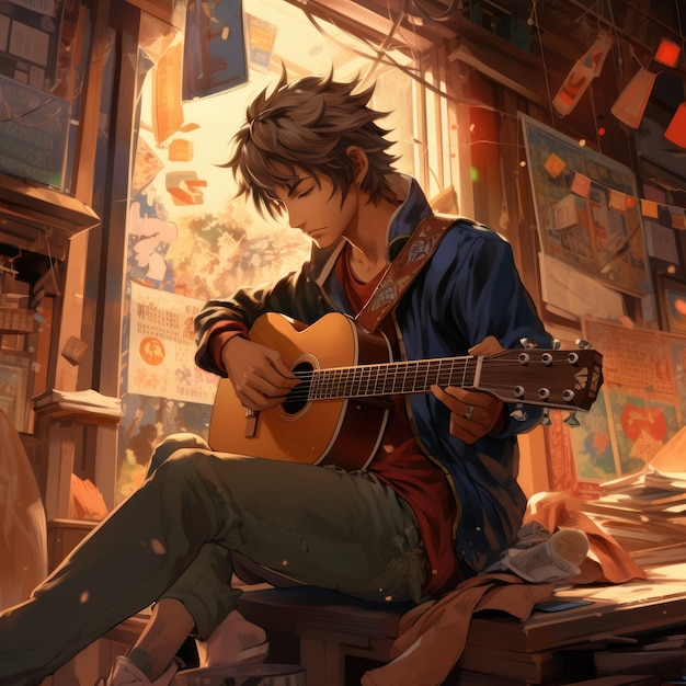 Free photo anime character playing guitar