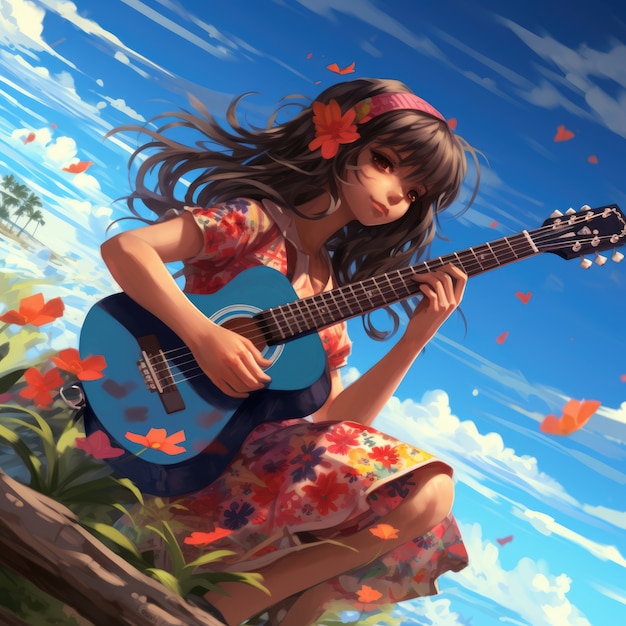 無料写真 ギターを弾くアニメキャラクター