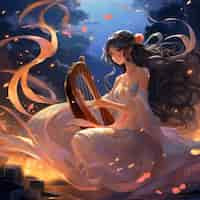 Free photo anime character playing harp