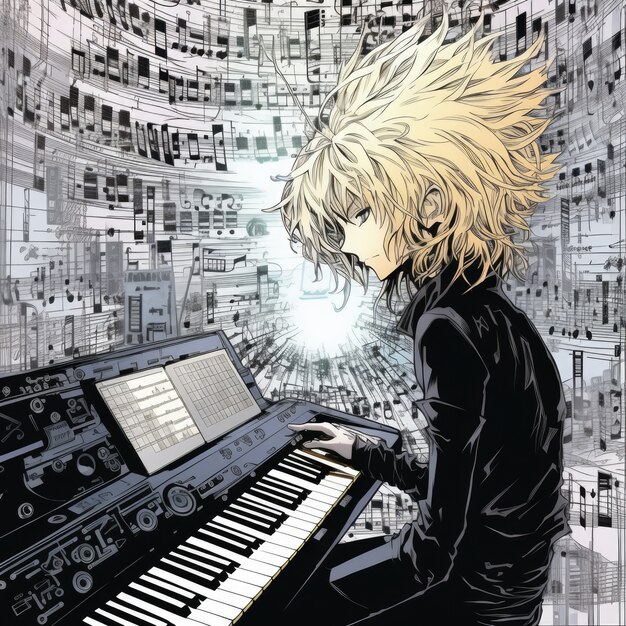 ピアノを弾くアニメキャラクター