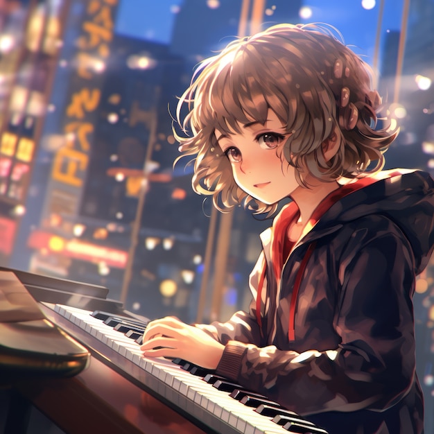 Free photo anime character playing piano