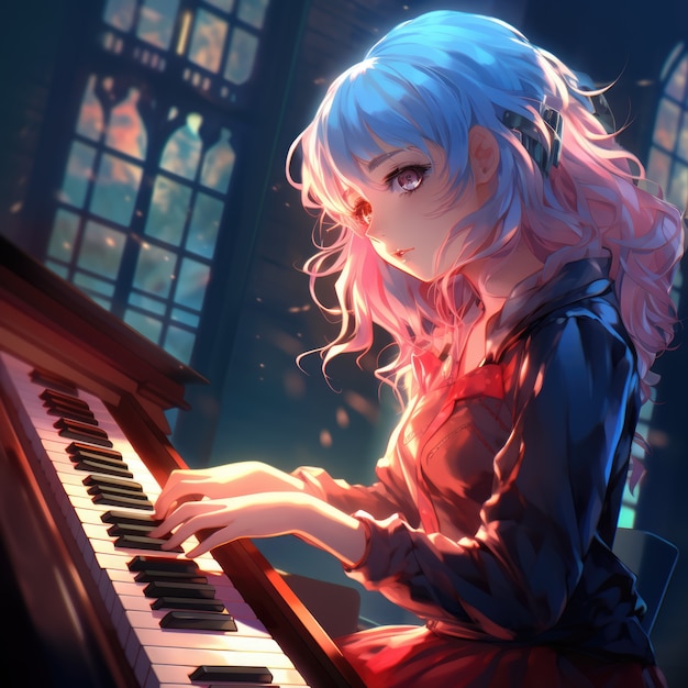 Free photo anime character playing piano