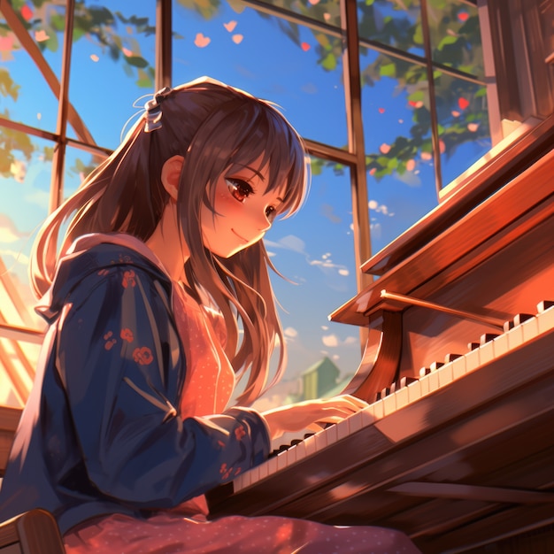 Foto gratuita personaggio di anime che suona il pianoforte