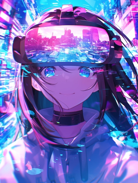 Foto gratuita personaggio di anime che usa occhiali di realtà virtuale nel metaverso