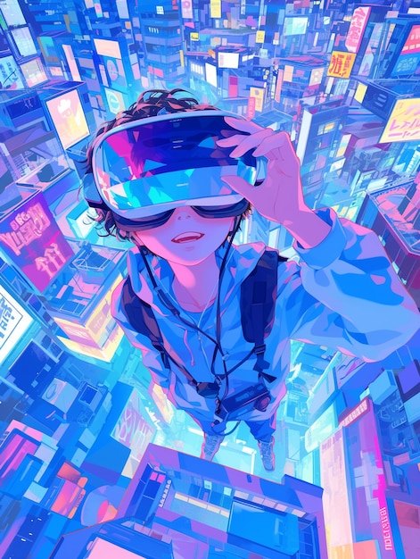 Foto gratuita personaggio di anime che usa occhiali di realtà virtuale nel metaverso