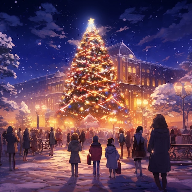 Anime characters in town christmas season