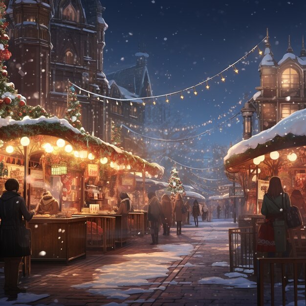 Anime characters in town christmas season