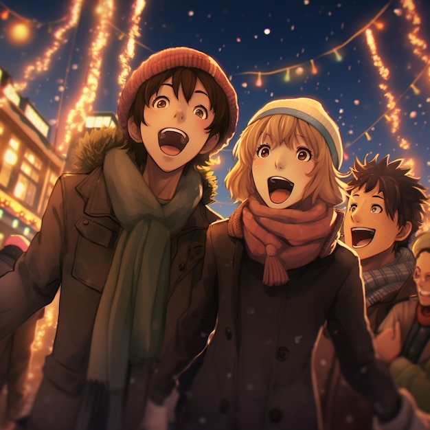 Foto gratuita personaggi di anime in città nella stagione natalizia