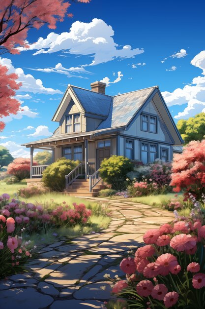 Anime countryside house illustration