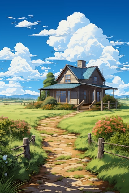 Anime countryside house illustration