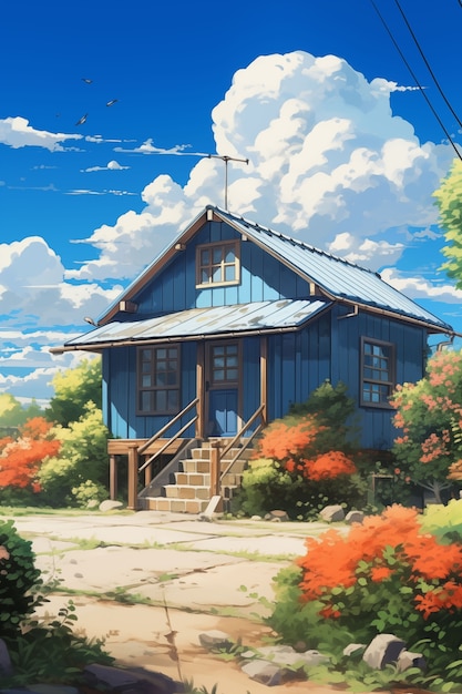 Free photo anime countryside house illustration