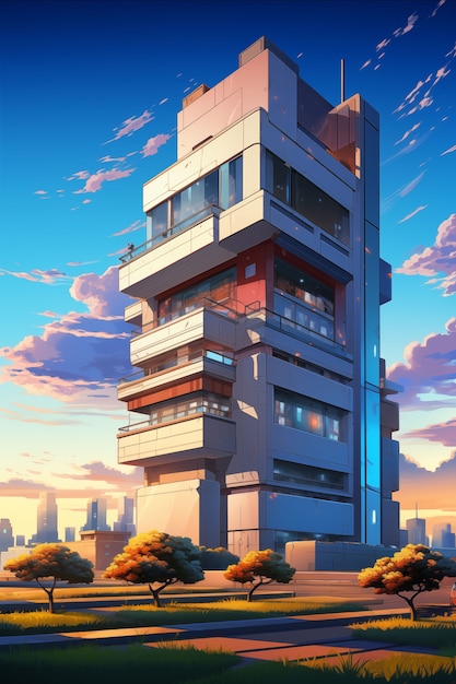 Foto gratuita illustrazione di un edificio piatto di anime