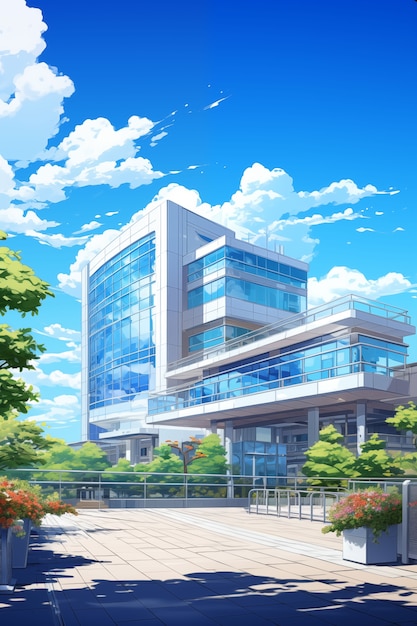 Бесплатное фото Иллюстрация плоского здания аниме