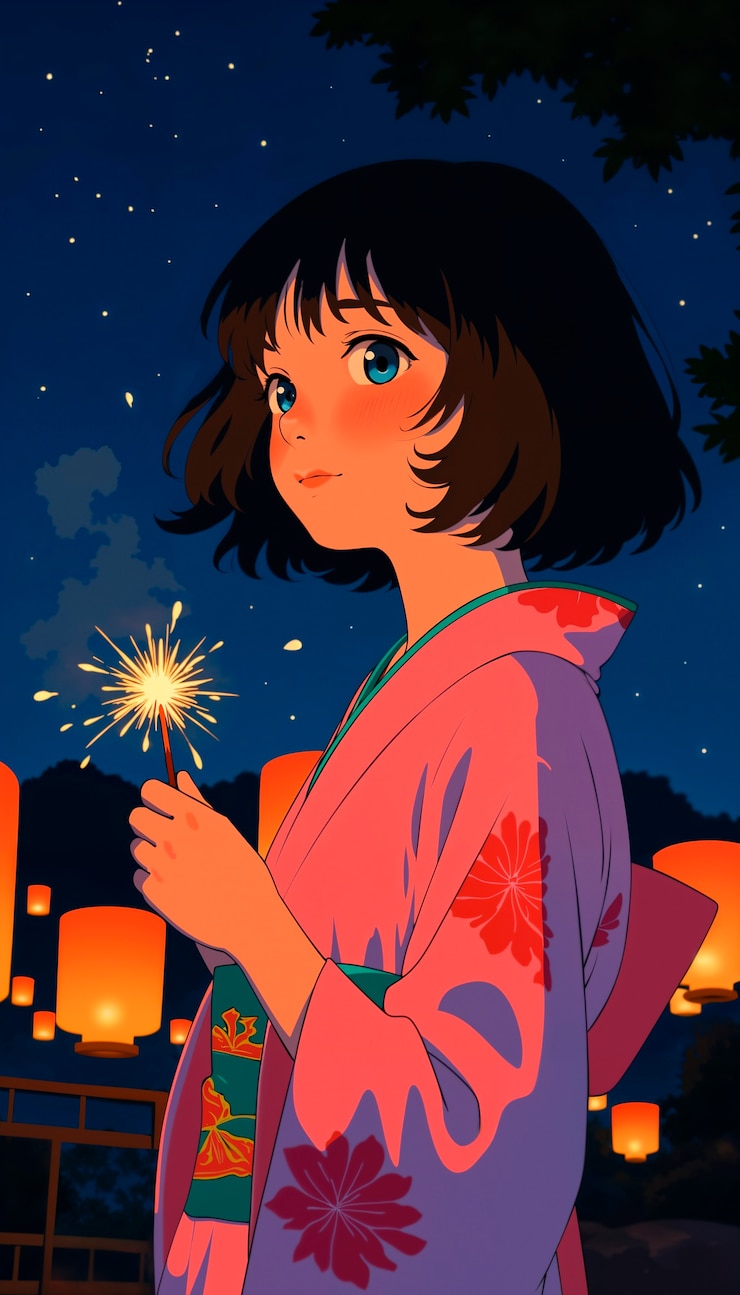 Free Photo anime girl in kimono with sparkler at night festival