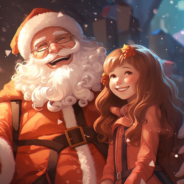 Free photo anime girl and santa claus celebrating christmas